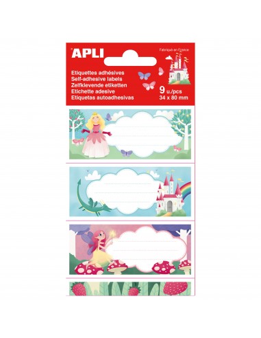 Apli Etiquetas Adhesivas Escolares Princesas - Tamaño 81x36mm - 9 Etiquetas en 3 Hojas - Adhesivo Permanente de Alta Calidad