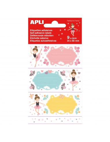 Apli Etiquetas Adhesivas Escolares Bailarinas - Tamaño 81x36mm - 9 Etiquetas (3 por Diseño) - Adhesivo Permanente de Alta