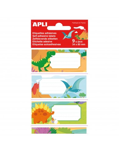 Apli Etiquetas Adhesivas Escolares Dinosaurios - Tamaño 81x36mm - 9 Etiquetas de Adhesivo Permanente de Alta Calidad - Ideal