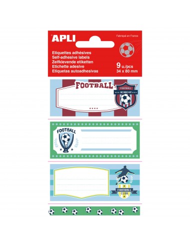 Apli Etiquetas Adhesivas Escolares Futbol - Tamaño 81x36mm - 9 Etiquetas por Bolsa - Adhesivo Permanente de Alta Calidad -