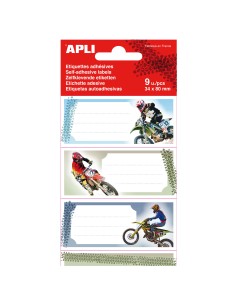 Apli Etiquetas Adhesivas Escolares Motos - Tamaño 81x36mm - 9 Etiquetas (3 por Diseño) - Adhesivo Permanente de Alta