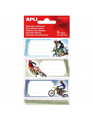 Apli Etiquetas Adhesivas Escolares Motos - Tamaño 81x36mm - 9 Etiquetas (3 por Diseño) - Adhesivo Permanente de Alta