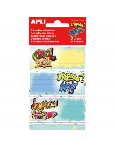 Apli Etiquetas Adhesivas Escolares Grafitis - Tamaño 81x36mm - Adhesivo Permanente de Alta Calidad - Diseño de 3 Etiquetas