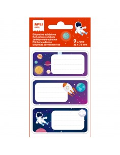 Apli Etiquetas Adhesivas Escolares Planetas - Tamaño 81x36mm - 9 Etiquetas en 3 Hojas - Adhesivo Permanente de Alta Calidad