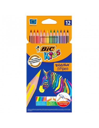 Bic Kids Evolution Stripes Caja de 12 Lapices de Colores Surtidos - Fabricados en Resina - Punta Ultraresistente - Mina