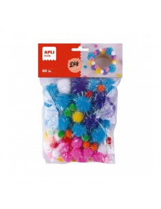 Apli Kids Bolsa de 80 Pompones Glitter - Tamaños 10mm-20mm-25mm - Colores Surtidos