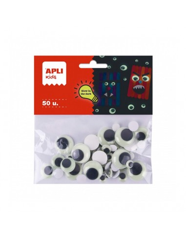 Apli Kids Bolsa de 50 Ojos Moviles Redondos Adhesivos - Brillan en la Oscuridad - Tamaños 8mm-10mm-15mm-20mm