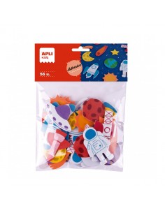 Apli Kids Bolsa de 56 Formas de Goma EVA Adhesivas Tematica Espacio - 14 Diseños Diferentes - Medidas de 3 a 6cm - Colores