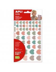 Apli Kids Bolsa de 624 Gomets Corazones Nordik - Adhesivo Removible - Tamaños y Colores Surtidos