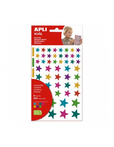 Apli Kids Bolsa de 624 Gomets Estrellas - Adhesivo Removible - Tamaños y Colores Surtidos
