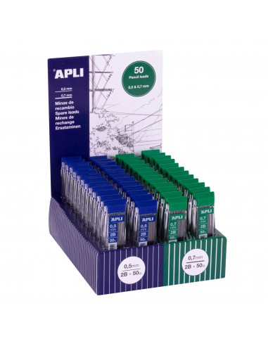 Apli Expositor de 48 Estuches de 50 Minas para Portaminas - Dureza 2B - 24 Estuches de 0 5mm y 24 Estuches de 0 7mm