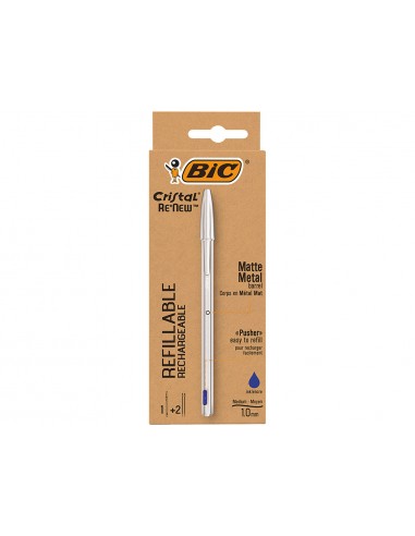 Bic Cristal Re´new Boligrafo de Bola con Cuerpo Metalico-2 Recambios - Punta Media de 1.0mm - Tinta con Base de Aceite -