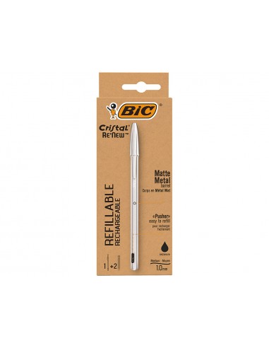 Bic Cristal Re´new Boligrafo de Bola con Cuerpo Metalico-2 Recambios - Punta Media de 1.0mm - Tinta con Base de Aceite -