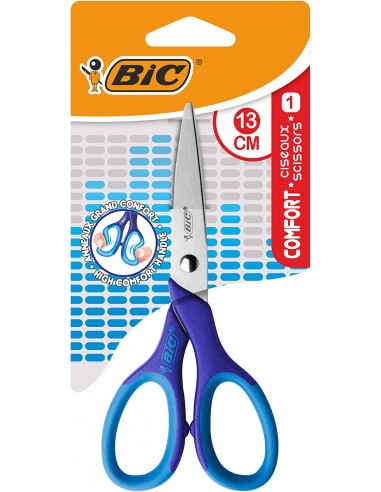 Bic Comfort Tijera Escolar 13cm - Mango Suave - Uso Diestro - Color Rosa-Azul Aleatorio