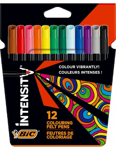 Bic Intensity Pack de 12 Rotuladores - Punta 0.9mm - Tinta con Base de Agua Lavable - Colores Surtidos