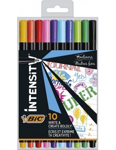 Bic Intensity Fine Pack de 10 Rotuladores - Punta Fina de 0.8mm - Trazo de 0.4mm - Tinta con Base de Agua - Colores Surtidos