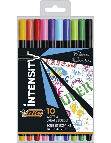 Bic Intensity Fine Pack de 10 Rotuladores - Punta Fina de 0.8mm - Trazo de 0.4mm - Tinta con Base de Agua - Colores Surtidos