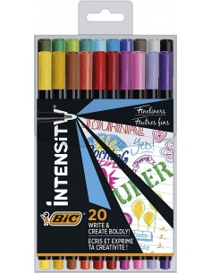 Bic Intensity Fine Pack de 20 Rotuladores - Punta Fina de 0.8mm - Trazo de 0.4mm - Tinta con Base de Agua - Colores Surtidos