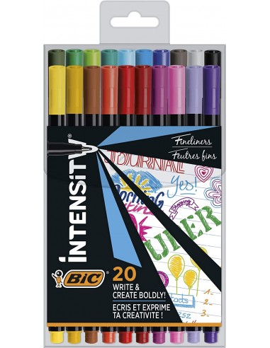 Bic Intensity Fine Pack de 20 Rotuladores - Punta Fina de 0.8mm - Trazo de 0.4mm - Tinta con Base de Agua - Colores Surtidos