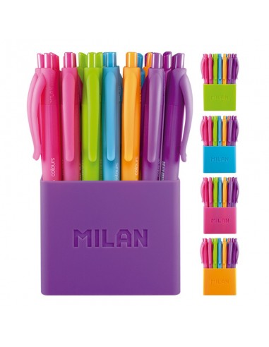 Milan P1 Touch Colours Pack de 24 Boligrafos de Bola Retractiles - Punta Redonda 1.0 mm - Tinta con Base de Aceite - Cuerpo
