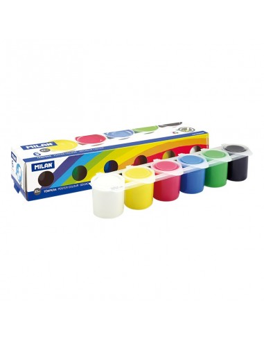 Milan Pack de 6 Botes de Tempera 25ml-1 Pincel Serie 101 - Secado Rapido - Mezclable - Colores Surtidos