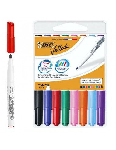 Bic Velleda 1741 Pack de 8 Rotuladores para Pizarra - Punta Media - Trazo de 1.4mm - Borrado Optimo - Colores Surtidos